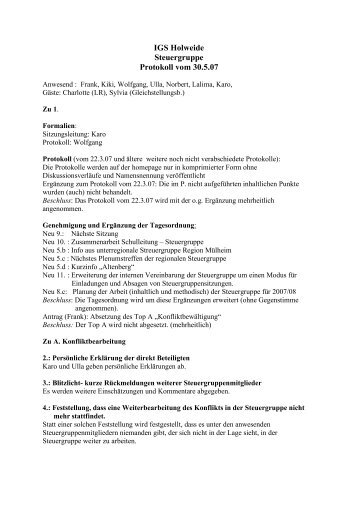 IGS Holweide Steuergruppe Protokoll vom 30.5.07