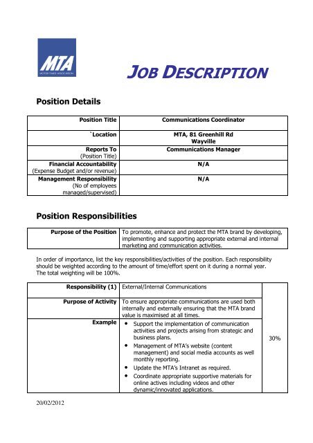 JOB DESCRIPTION - MTA