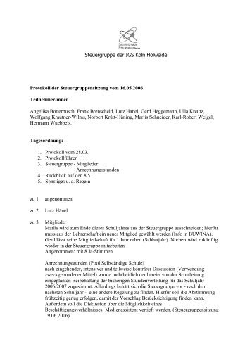 Steuergruppe der IGS Köln Holweide Protokoll der ...