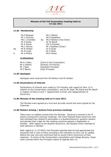north nottinghamshire college corporation minutes of the audit