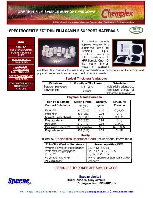 Chemplex Industries XRF Consumables Catalogue - Specac