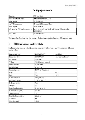 6,5 % Ãpent obligasjonslÃ¥n 2008/2015 LÃ¥neavtale - Storebrand