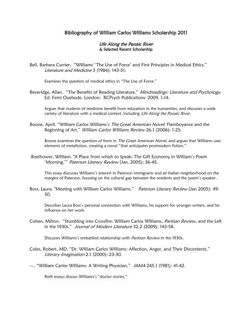 Bibliography of William Carlos Williams Scholarship 2011