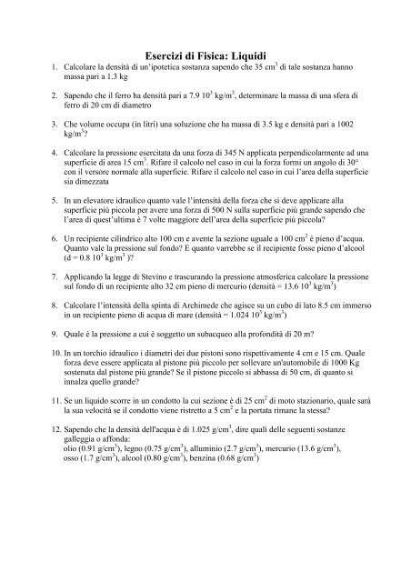 Esercizi di Fisica: Liquidi - Dipartimento di Fisica