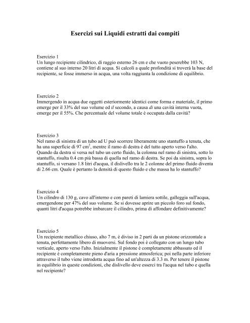 Esercizi di Fisica: Liquidi - Dipartimento di Fisica