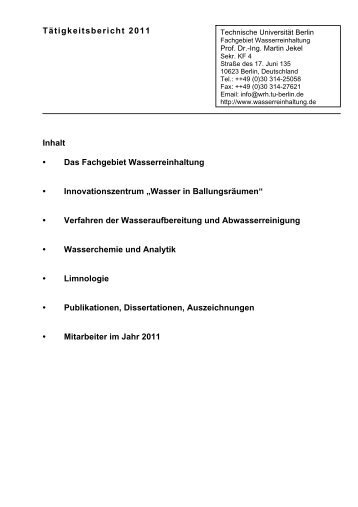 Taetigkeitsbericht 2011 de - Fachgebiet Wasserreinhaltung - TU Berlin