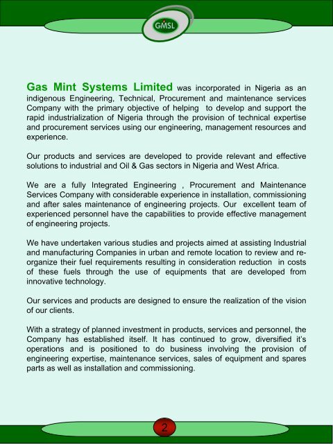 Corporate Profile/Brochure - Gas Mint Systems Limited
