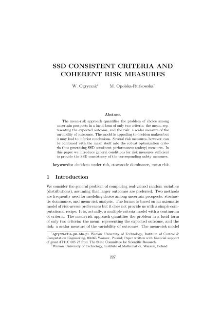SSD CONSISTENT CRITERIA AND COHERENT RISK MEASURES