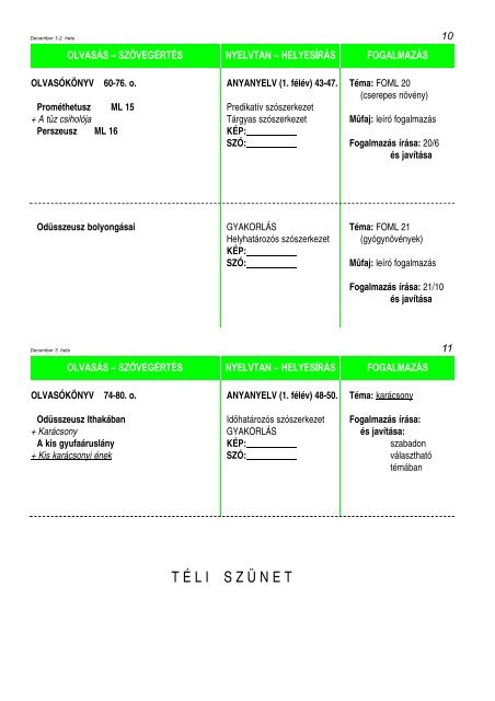 Negyedik osztÃ¡lyos tanmenet, magyar nyelv Ã©s irodalom