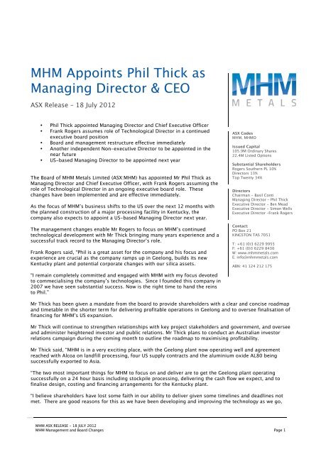 MHM Appoints Phil Thick as Managing Director & CEO - MHM Metals