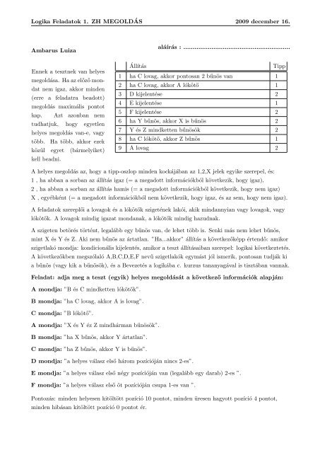 Logika Feladatok 1. ZH MEGOLDÂ´AS 2009 december 16. Ambarus ...