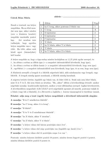 Logika Feladatok 1. ZH MEGOLDÂ´AS 2009 december 16. Ambarus ...