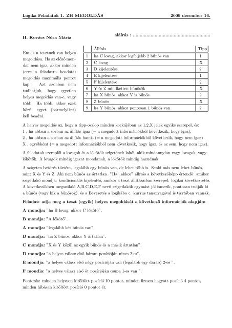 Logika Feladatok 1. ZH MEGOLDÂ´AS 2009 december 16. Ambarus ...