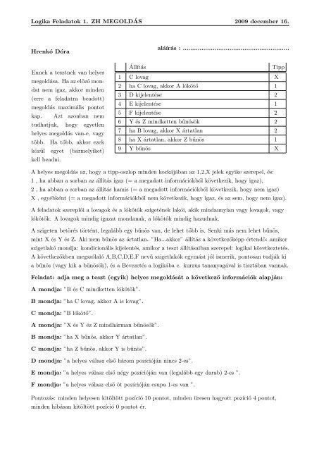 Logika Feladatok 1. ZH MEGOLDÂ´AS 2009 december 16. Ambarus ...