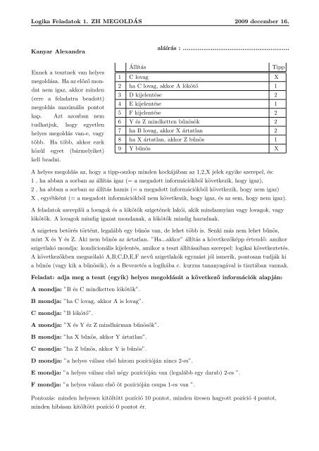 Logika Feladatok 1. ZH MEGOLDÂ´AS 2009 december 16. Ambarus ...