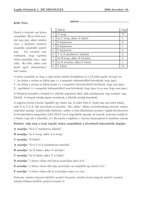 Logika Feladatok 1. ZH MEGOLDÂ´AS 2009 december 16. Ambarus ...