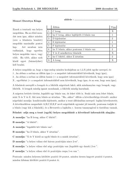 Logika Feladatok 1. ZH MEGOLDÂ´AS 2009 december 16. Ambarus ...