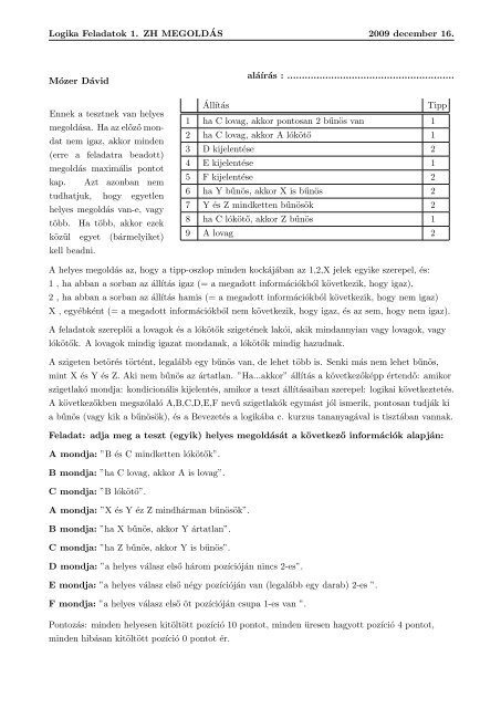 Logika Feladatok 1. ZH MEGOLDÂ´AS 2009 december 16. Ambarus ...