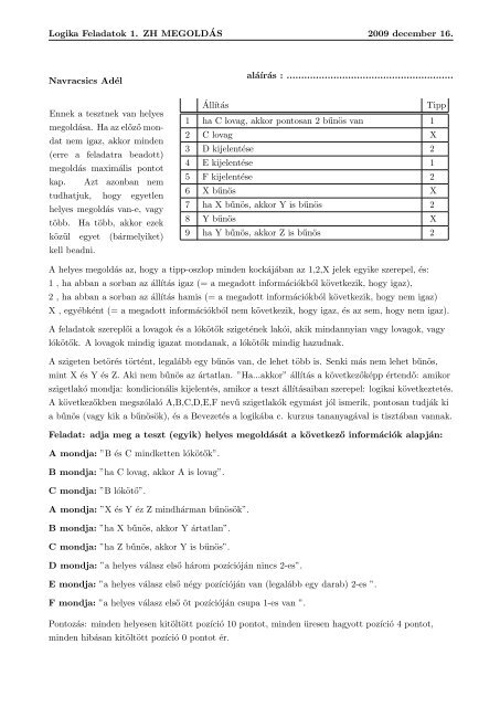 Logika Feladatok 1. ZH MEGOLDÂ´AS 2009 december 16. Ambarus ...