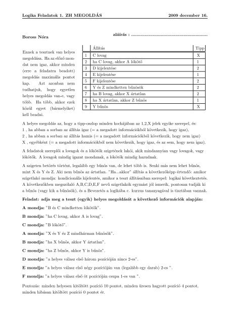 Logika Feladatok 1. ZH MEGOLDÂ´AS 2009 december 16. Ambarus ...