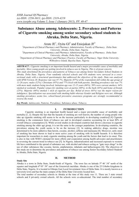 Substance Abuse among Adolescents: 2. Prevalence and Patterns of Cigarette smoking among senior secondary school students in Abraka, Delta State, Nigeria.