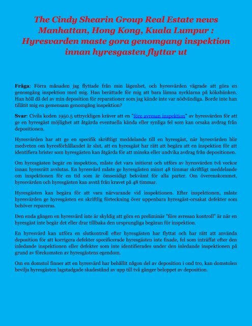 The Cindy Shearin Group Real Estate news Manhattan, Hong Kong, Kuala Lumpur: Hyresvarden maste gora genomgang inspektion innan hyresgasten flyttar ut