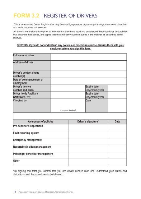 Operator Accreditation Manual - Forms - Transport