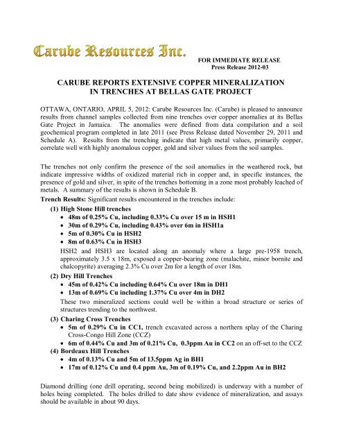 Press Release April 5, 2012 - Carube Resources