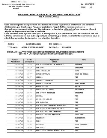 LISTE DES OPERATEURS EN SITUATION FINANCIERE ...