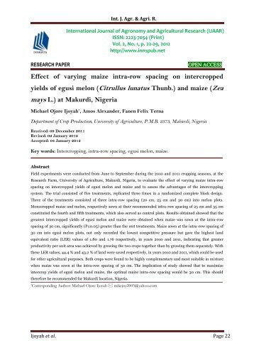 Effect of varying maize intra-row spacing on intercropped yields of egusi melon (Citrullus lunatus Thunb.) and maize (Zea mays L.) at Makurdi, Nigeria