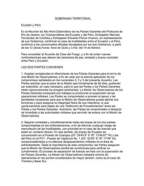 SOBERANIA TERRITORIAL Ecuador y Perú En la Reunión de Alto ...