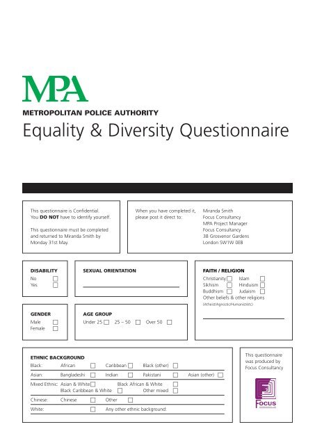 Focus Consultancy Equality and Diversity Questionnaire