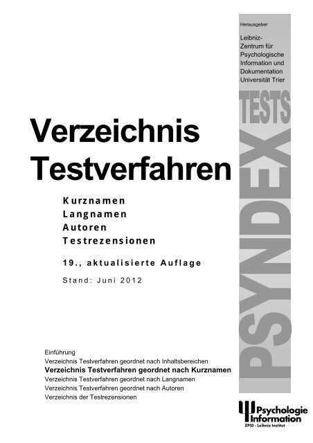 Verzeichnis Testverfahren geordnet nach Kurznamen - ZPID