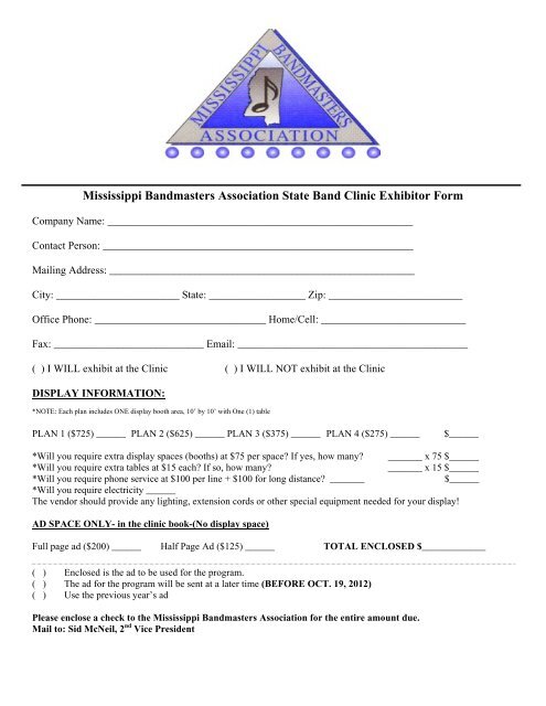 Vendor Mailout for State Clinic - Mississippi Bandmasters Association