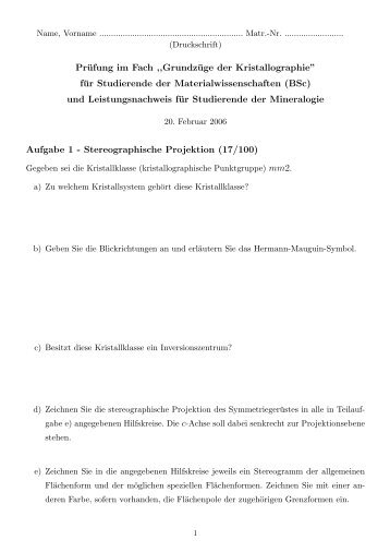 Prüfung im Fach ,,Grundzüge der Kristallographie” für Studierende ...