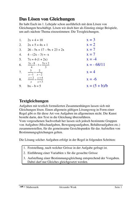 Textgleichungen und Gleichungssysteme mit zwei Unbekannten