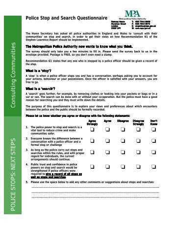 Appendix 1: Police Stop and Search Questionnaire: April 2001