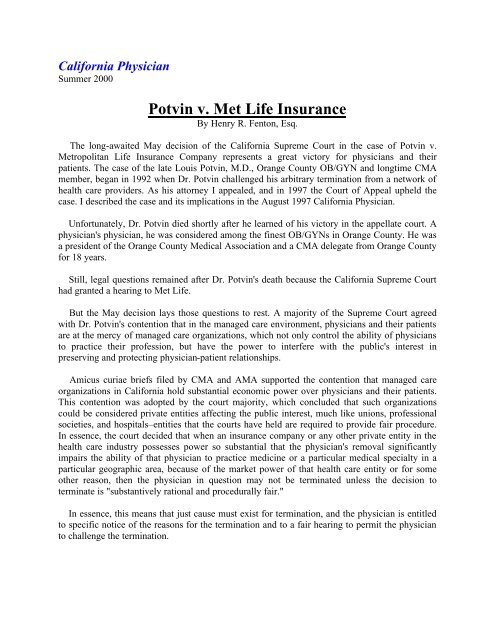 Met Life Insurance >> Potvin V Metropolitan Life Insurance California Physician Met Life Insurance >> Potvin V Metropolitan Life Insurance California Physician