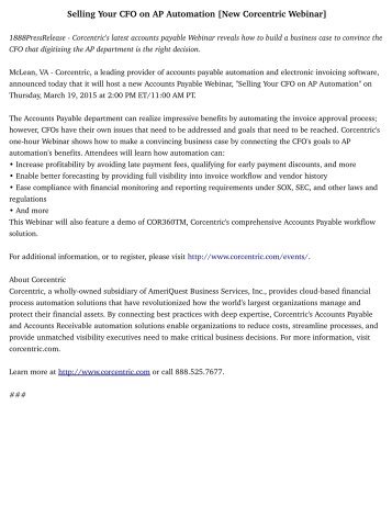 corcentric to co host webinar on Chicago, il--(marketwired - may 22, 2017) - spend matters released the 4th annual '50 provider to know/50 providers to watch' lists today in. corcentric to co host webinar on Chicago, il--(marketwired - may 22, 2017) - spend matters released the 4th annual '50 provider to know/50 providers to watch' lists today in.