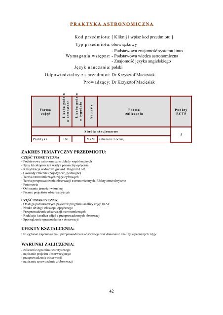 pierwszego stopnia - Instytut Astronomii Uniwersytetu ...