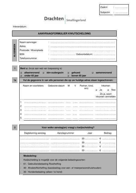 aanvraagformulier kwijtschelding - Gemeente Smallingerland