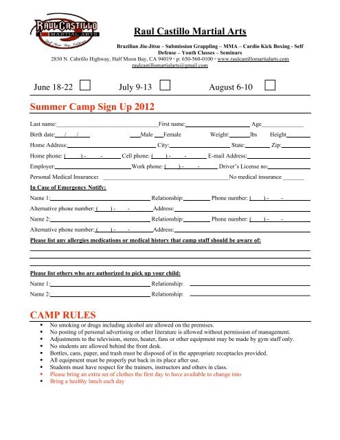 Raul Castillo Martial Arts Summer Camp Sign Up 2012 Camp Rules