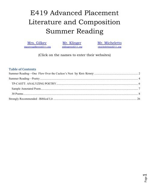 Summer Reading - Schaumburg High School