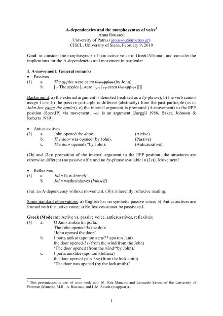 Verbal morphology in Greek: the 'passive'