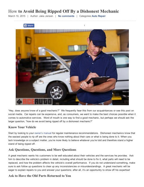 To Be Ripped Off How to Avoid Being Ripped Off By a Dishonest Mechanic