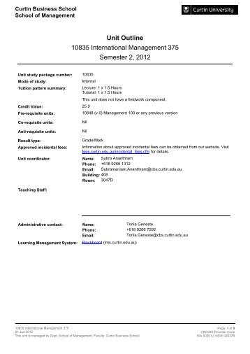 Unit Outline 10835 International Management 375 Semester 2, 2012