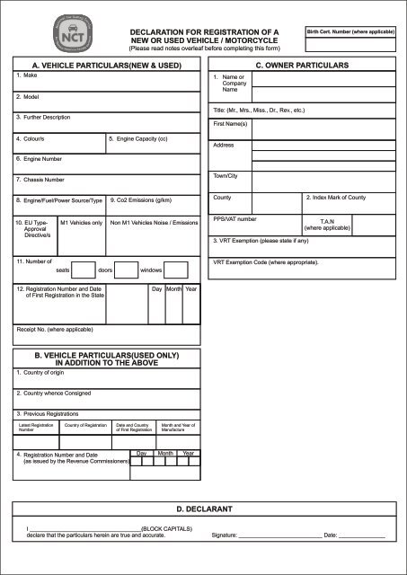 Declaration Form for the Registration of a new Vehicle - NCT