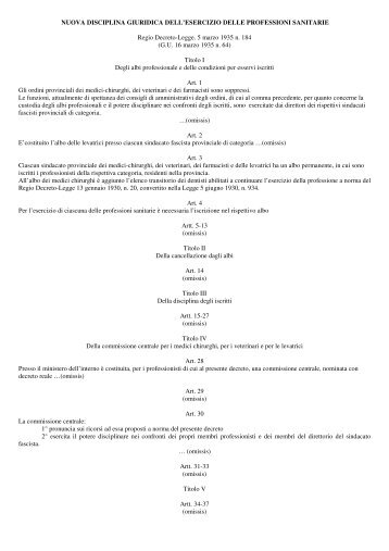 Regio Decreto - Legge 5 marzo 1935, n. 184 - Dentistaitaliano.it