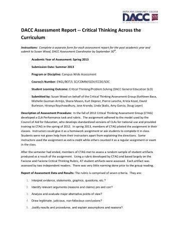 Critical Thinking Assessment Report 12/13 AY