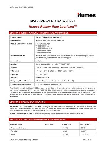 Rubber ring lubricant MSDS - Humes